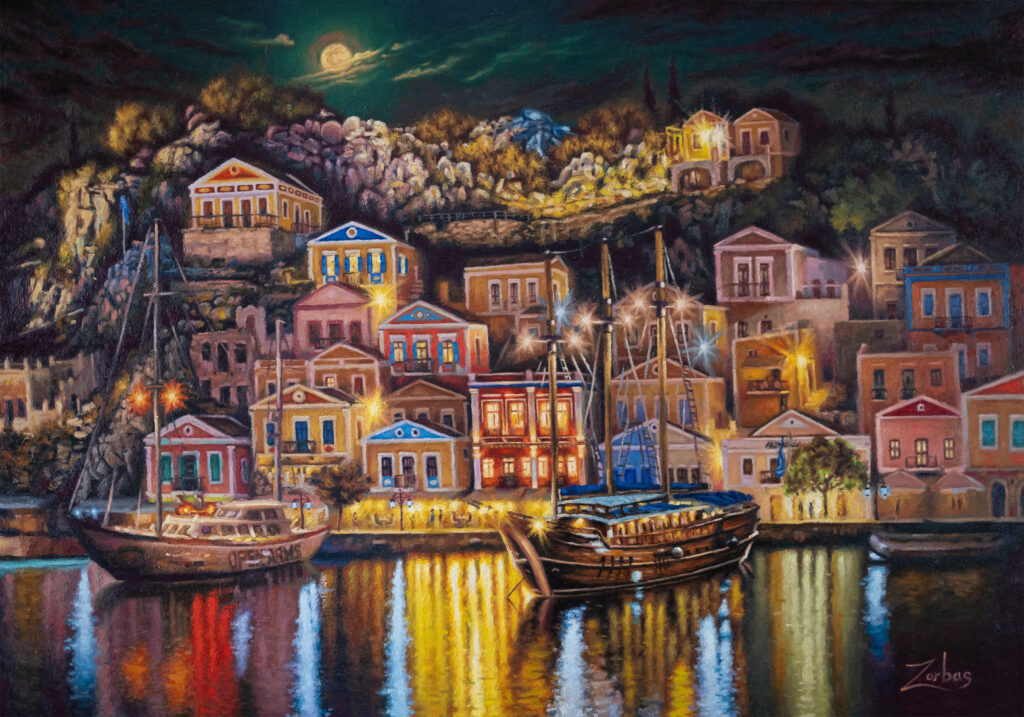 Full view of “A Night in Symi” oil painting.