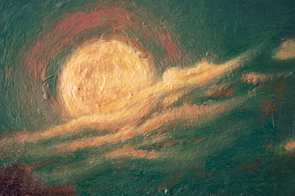 A moon over “A Night in Symi” oil painting.