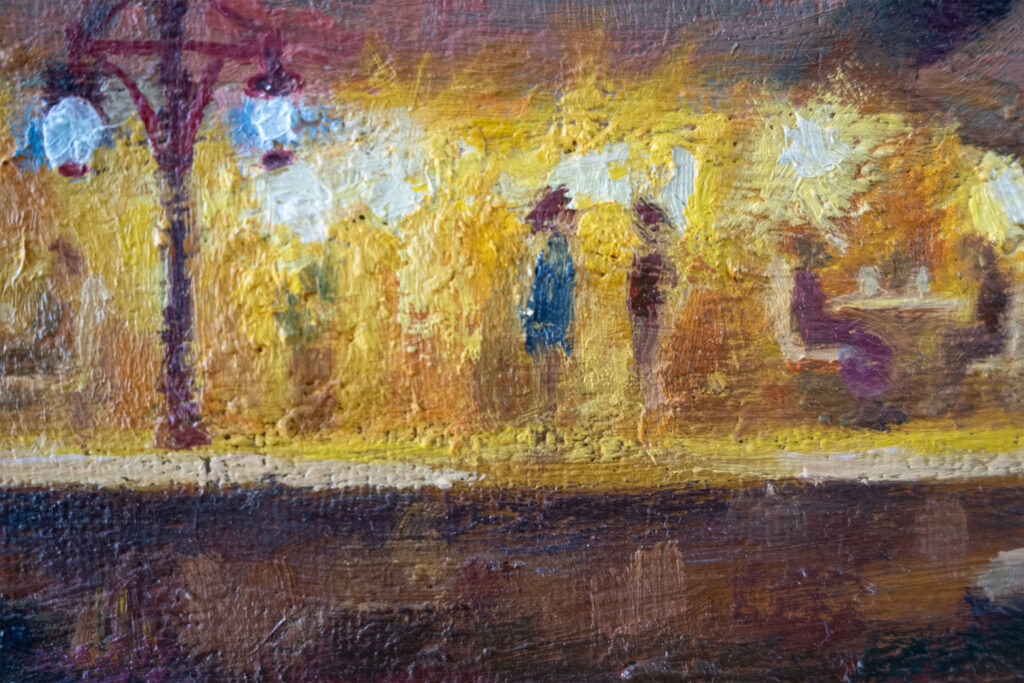 Closeup shot of people talking in “A Night in Symi” oil painting.