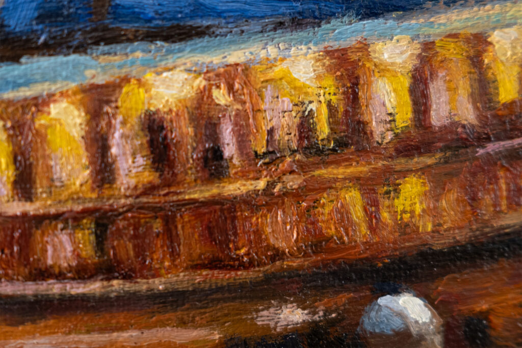 Closeup shot of reflections in “A Night in Symi” oil painting.