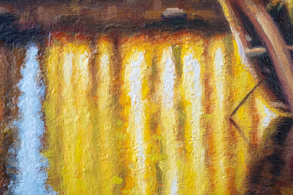 Closeup shot of reflections in “A Night in Symi” oil painting.