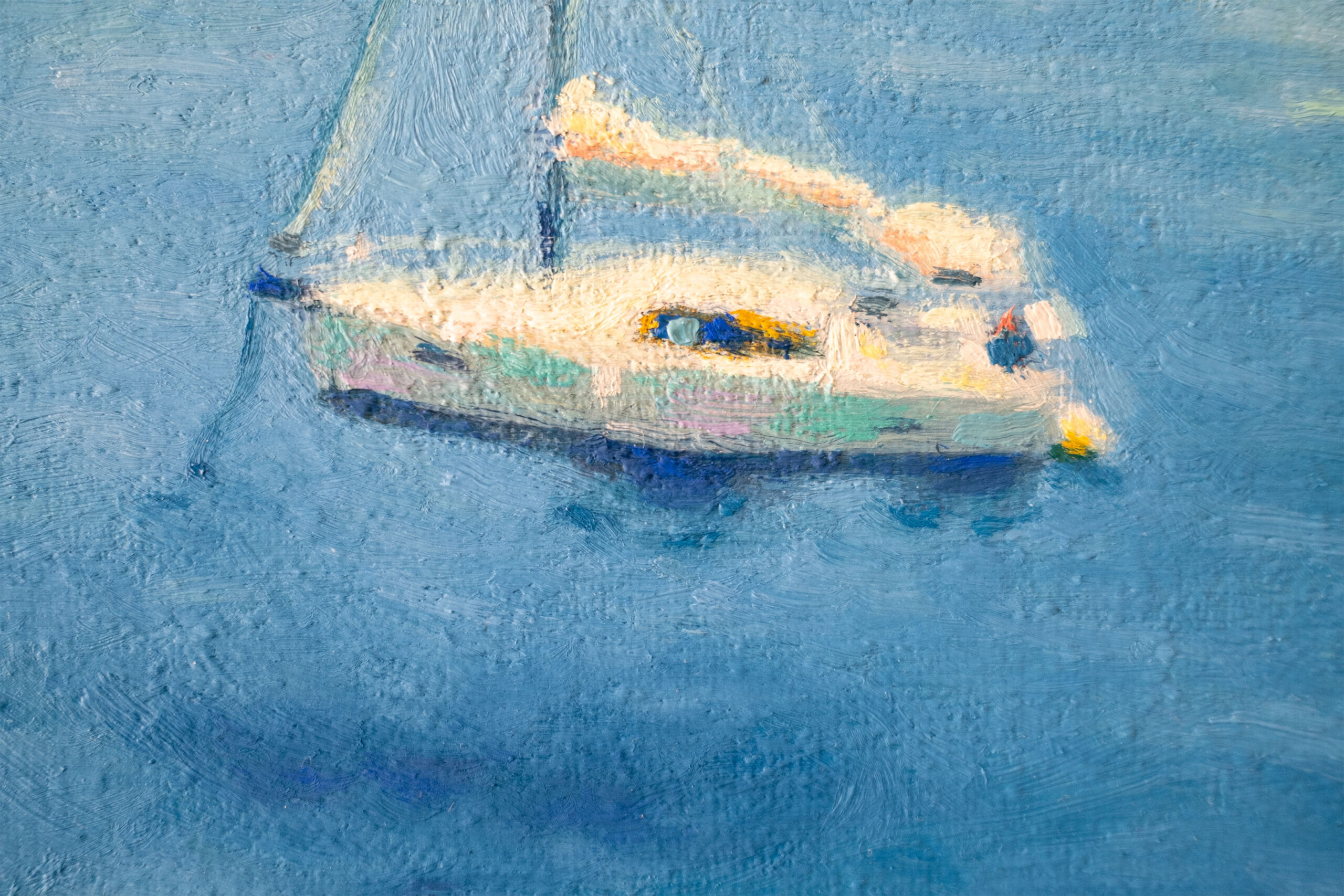 Closeup of Zachary Zorbas' sailing in Lefkada oil painting