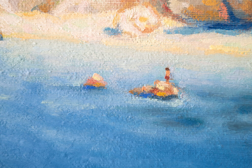 Closeup of Zachary Zorbas' sailing in Lefkada oil painting