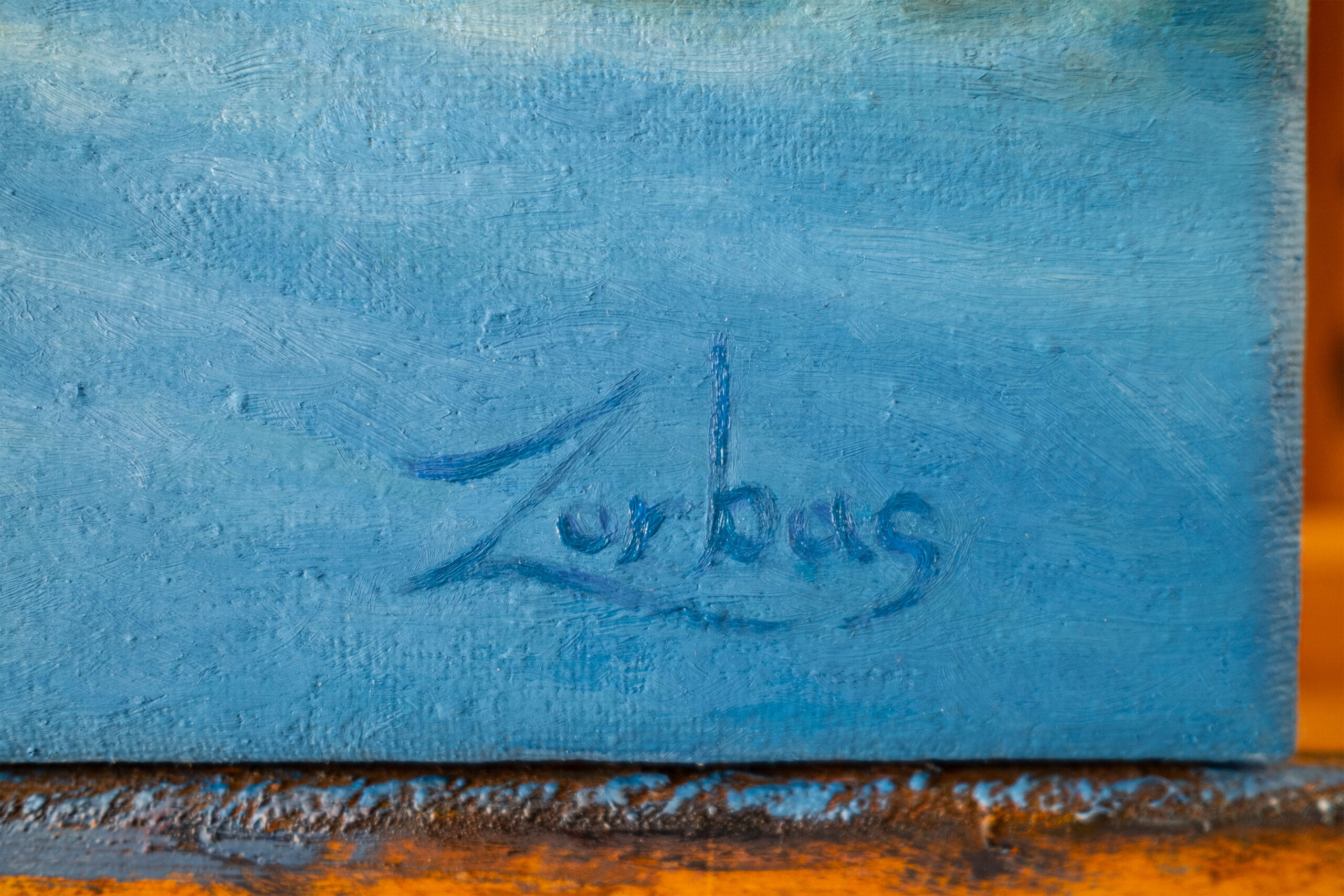 Closeup of Zachary Zorbas' sailing in Lefkada oil painting