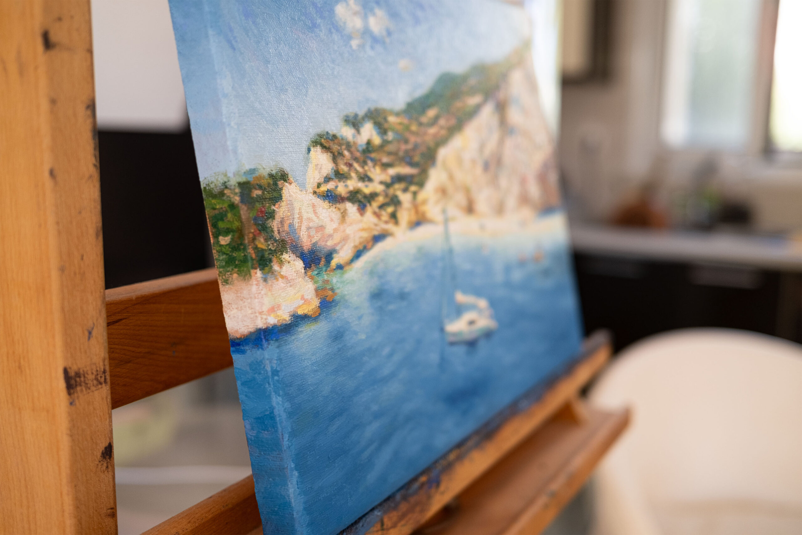 Closeup of Zachary Zorbas' sailing in Lefkada oil painting