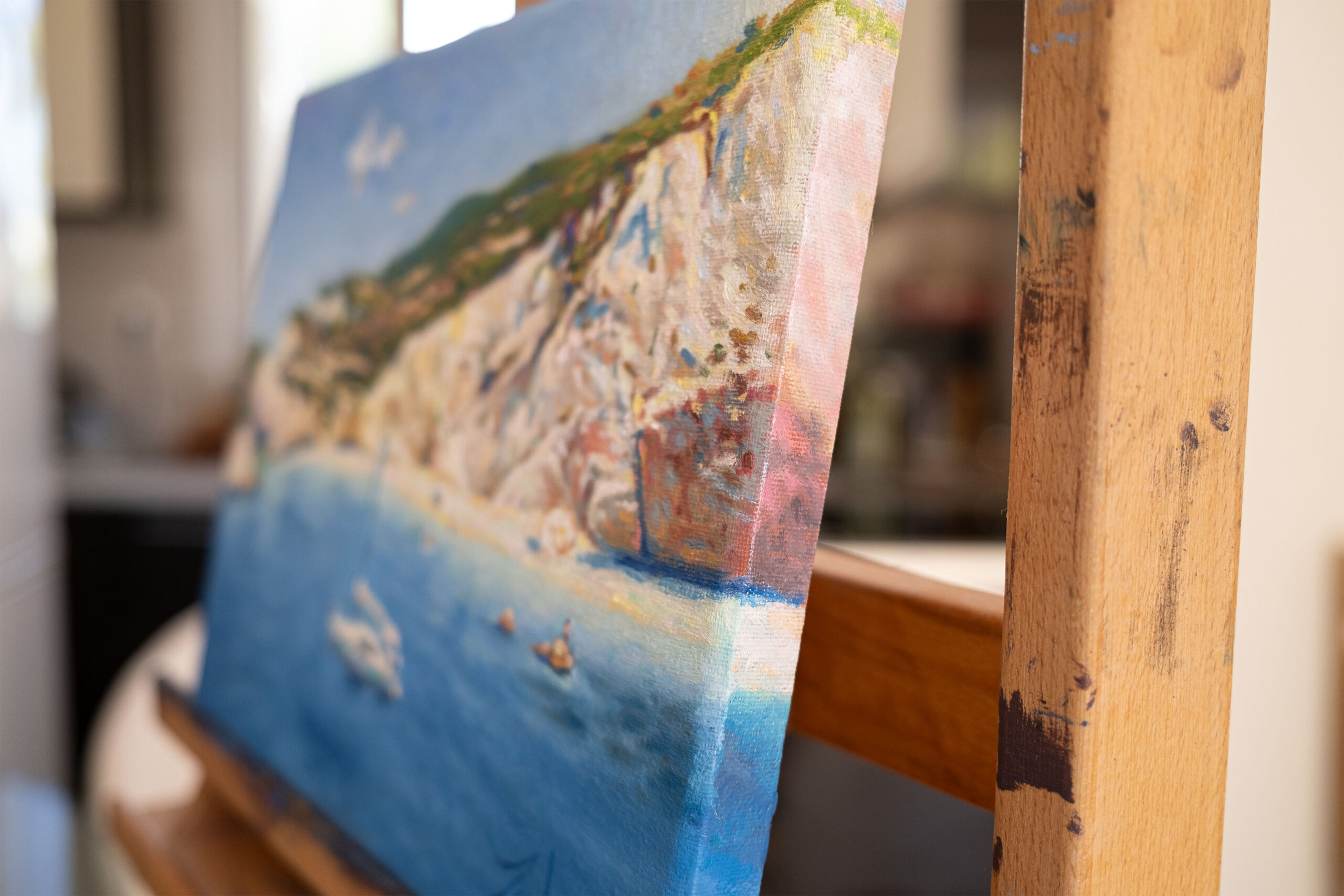 Closeup of Zachary Zorbas' sailing in Lefkada oil painting