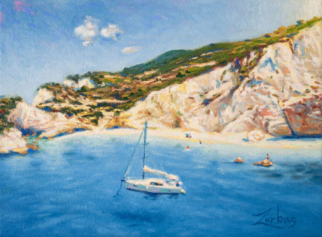 Zachary Zorbas' sailing in Lefkada oil painting